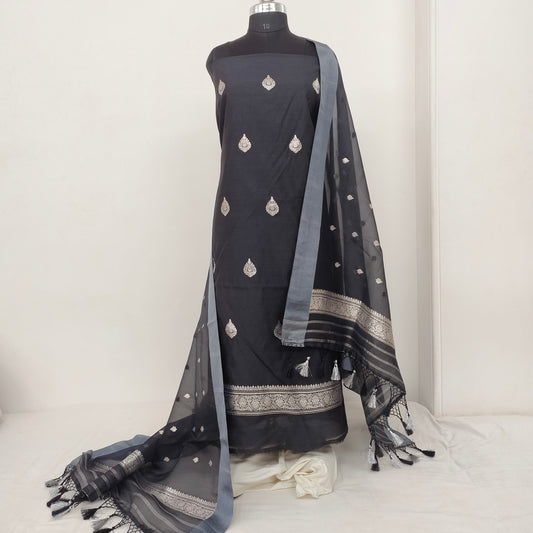 Handloom kadwa suits set satain border silver zari